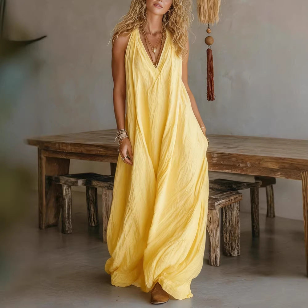 Casual Sleeveless Loose Fit Vest V-neck Long Dress With Front Pockets - Women's Summer Holiday Flowy Sleeveless Long Dresses For Daily Wear