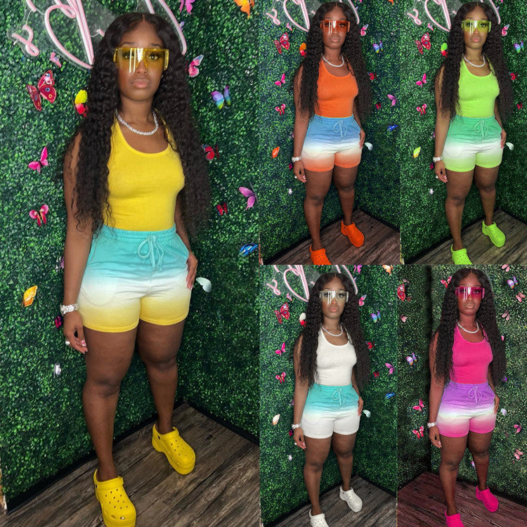 European And American Fashion Vest Gradient Color Shorts Sports Suit