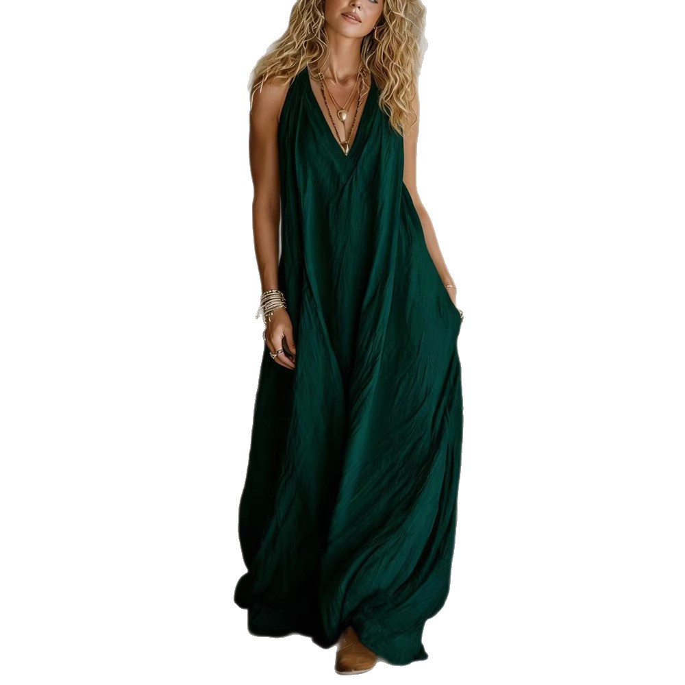 Casual Sleeveless Loose Fit Vest V-neck Long Dress With Front Pockets - Women's Summer Holiday Flowy Sleeveless Long Dresses For Daily Wear