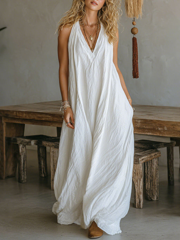 Casual Sleeveless Loose Fit Vest V-neck Long Dress With Front Pockets - Women's Summer Holiday Flowy Sleeveless Long Dresses For Daily Wear
