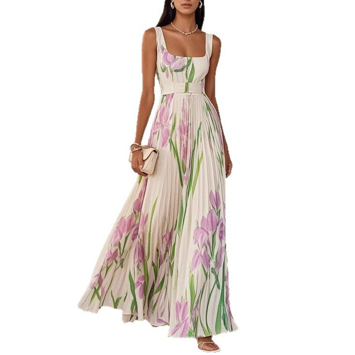 Floral Print Pleated Dress Summer A-Line Sleeveless Midi Dresses Women's Clothing