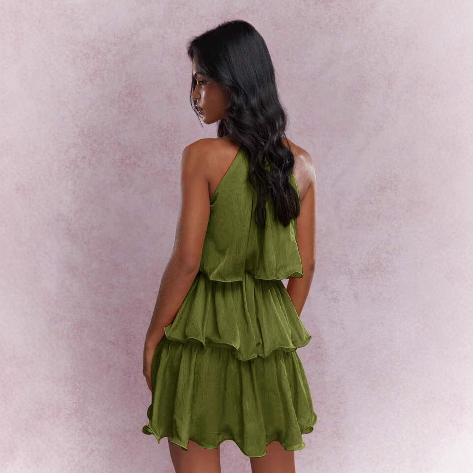 Elegant Halter Neck Sleeveless Strapless Sheer Layered Dress - Ruffled Hem Elegant Women's Summer Party Dress  Beach Vacation Outfits