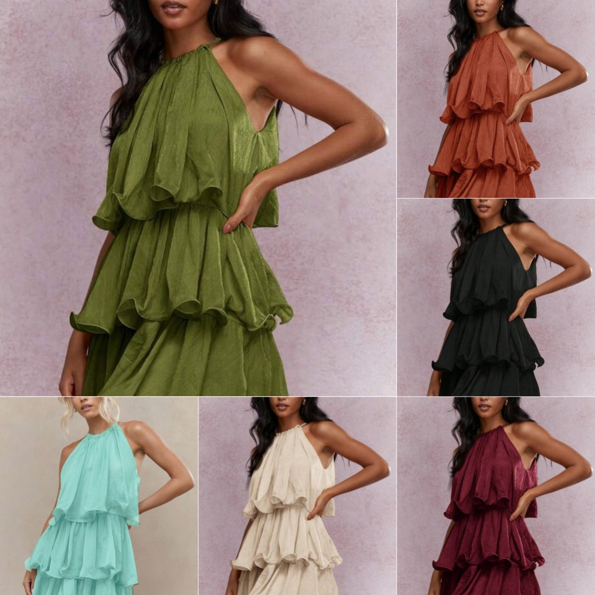 Elegant Halter Neck Sleeveless Strapless Sheer Layered Dress - Ruffled Hem Elegant Women's Summer Party Dress  Beach Vacation Outfits