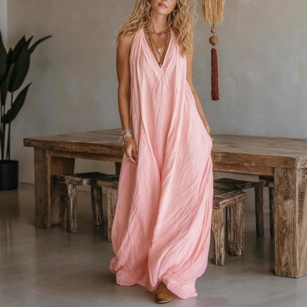 Casual Sleeveless Loose Fit Vest V-neck Long Dress With Front Pockets - Women's Summer Holiday Flowy Sleeveless Long Dresses For Daily Wear
